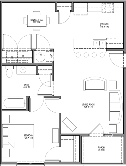 Floor plan for 1 bed, 1 bath, 900 sqft